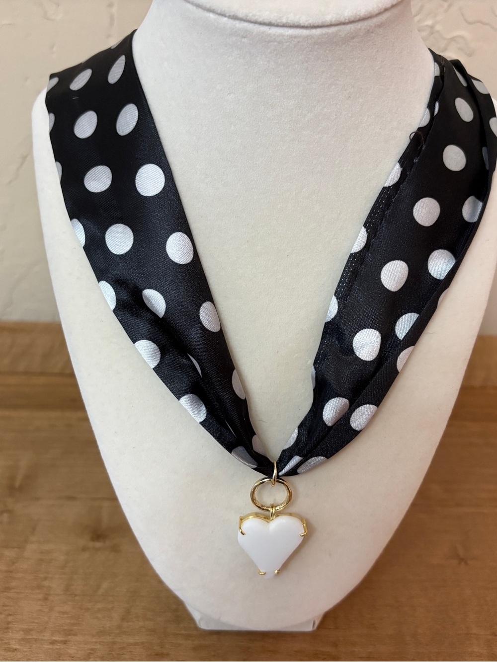 Polka Dot Black Scarf Necklace with White Heart Pendant